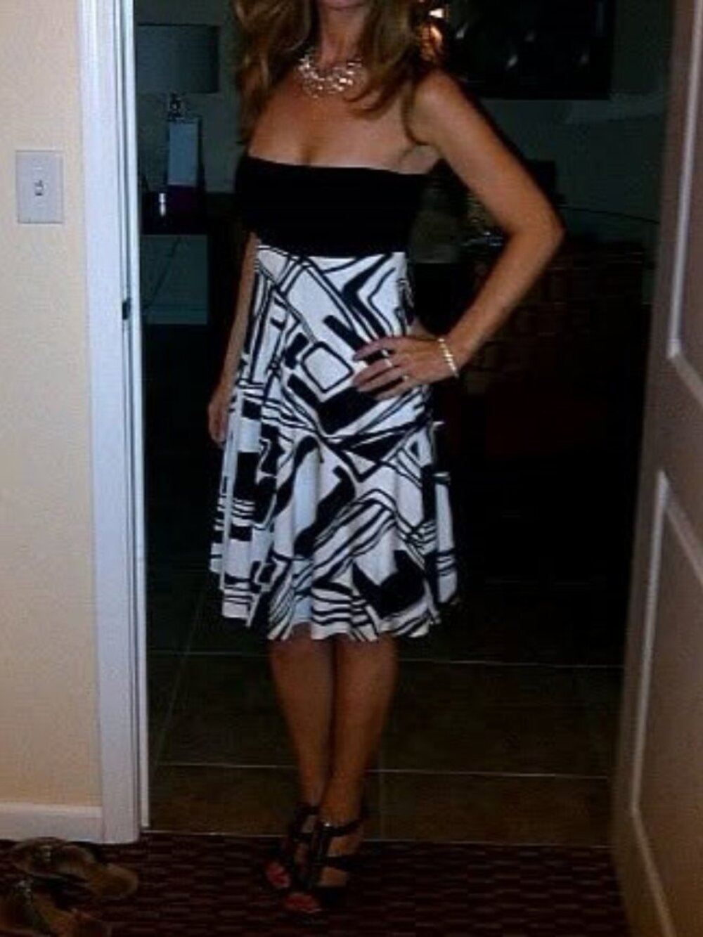 Vintage Y2K Cache Strapless Geometric Cocktail Dress Size S Black White